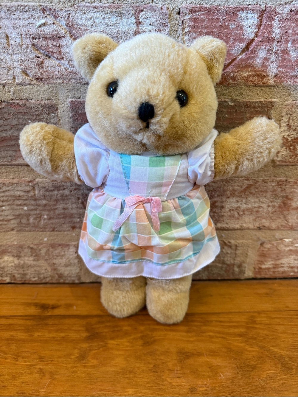 Vintage Plush Teddy Bear in Pastel Plaid Dress - Kids Toy